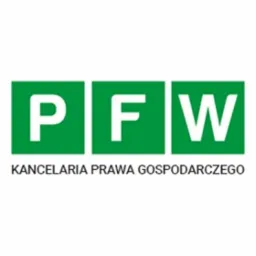 Logo kancelarii prawnej PFW z zielonymi kwadratami i napisem 'Kancelaria Prawa Gospodarczego' poniżej.