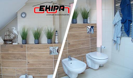 Nowoczesna łazienka z drewnopodobnymi płytkami, bidetem, toaletą podwieszaną i dekoracjami w stylu marynistycznym, z widocznym logo firmy wykonawczej.