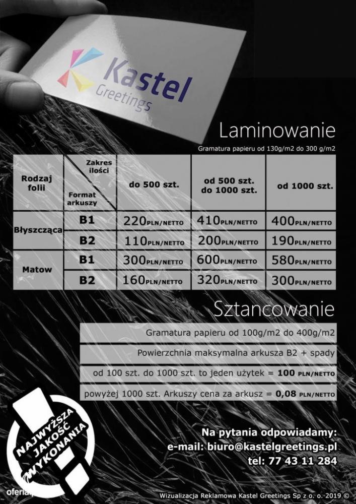Cennik laminowania i sztancowania arkuszy papieru formatu B1 i B2 z folią błyszczącą i matową, z podanymi zakresami ilości i cenami netto, logo firmy Kastel Greetings w lewym górnym rogu.