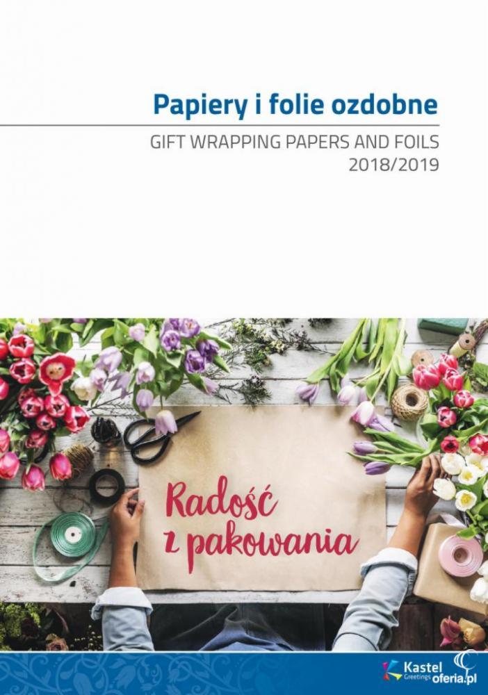 Katalog papierów i folii ozdobnych do pakowania prezentów z kwiatami, nożyczkami i napisem 'Radość z pakowania'.