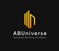 Logo ABUniverse: stylizowany budynek z pionowych linii w złotej kolorystyce na czarnym tle. Pod spodem napis Universal Building Academy.