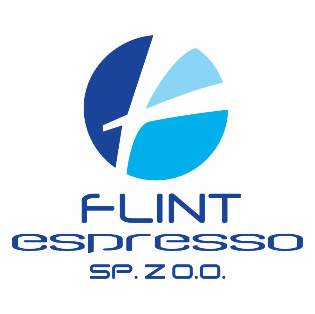 Logo firmy Flint Espresso Sp. z o.o. z abstrakcyjnym symbolem w odcieniach niebieskiego nad nazwą.