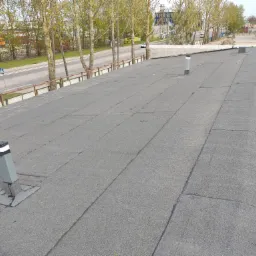 Płaski dach pokryty szarą papą bitumiczną, widoczne łączenia i kominki wentylacyjne, w tle ulica z drzewami i budynki.
