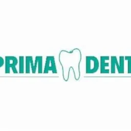 Logo firmy Prima Dent: nazwa w kolorze turkusowym z symbolem zęba pośrodku.
