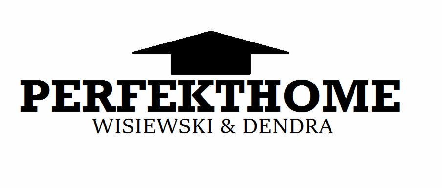 Czarno-białe logo firmy PERFEKTHOME Wisiewski & Dendra z symbolem dachu domu nad nazwą.