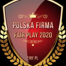 Certyfikat Polska Firma Fair Play 2020 w kształcie tarczy z koroną, otoczony złotym wieńcem laurowym, na ciemnym tle.