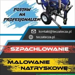Grafika reklamowa firmy Tęcza, prezentująca agregat do malowania natryskowego, logo firmy, adres e-mail kontakt@teczatecza.pl, adres strony internetowej teczatecza.pl, numery telefonów 531396766...