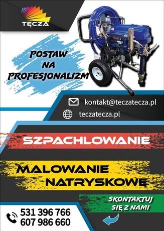 Grafika reklamowa firmy Tęcza, prezentująca agregat do malowania natryskowego, logo firmy, adres e-mail kontakt@teczatecza.pl, adres strony internetowej teczatecza.pl, numery telefonów 531396766...