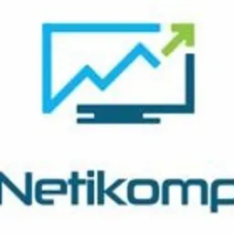Logo firmy Netikomp przedstawiające stylizowany wykres w ramce monitora z zieloną strzałką w górę, umieszczone nad nazwą firmy w kolorze niebieskim.