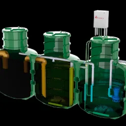 Przekrój schematyczny trzypoziomowej, zielonej instalacji do oczyszczania ścieków z widocznymi elementami wewnętrznymi i zewnętrznym modułem sterującym z logo producenta na czarnym tle.