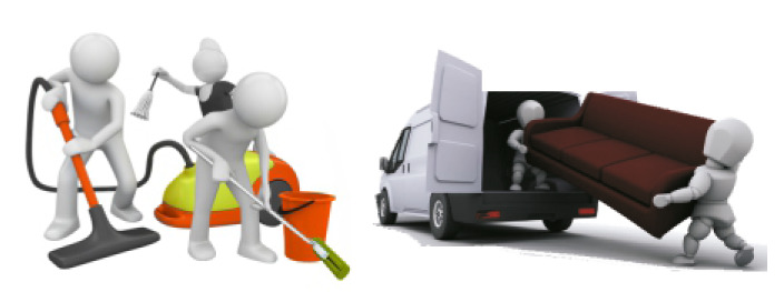Animowane postacie sprzątające z odkurzaczem, mopem i miotełką oraz postacie wnoszące brązową sofę do białego furgonetki.