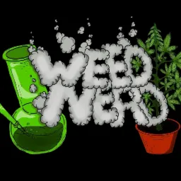 Grafika z neonowo zielonym bongo, jointem i konopią w doniczce, otoczonych dymem układającym się w napis 'Weed Nerd' na czarnym tle.