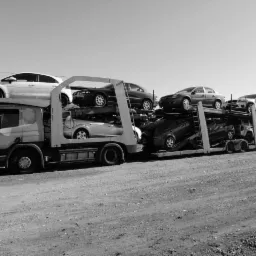 Czarno-białe zdjęcie lawety z załadowanymi samochodami osobowymi na placu, widok z boku, zarys drzew w tle.