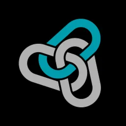 Abstrakcyjny symbol złożony z trzech przeplatających się elementów w kolorach szarym i turkusowym na czarnym tle.