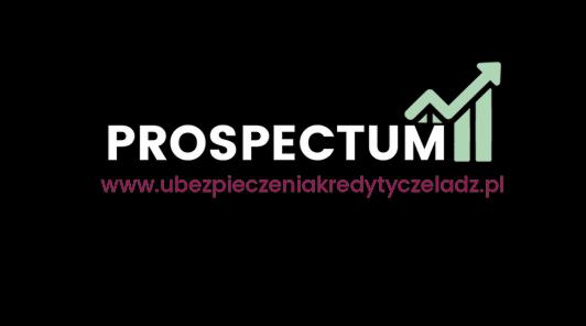 Logo firmy Prospectum z adresem strony ubezpieczeniowej i symbolem wzrostu na czarnym tle.