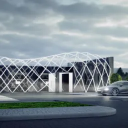 Wizualizacja nowoczesnego budynku biurowego z elewacją w kształcie diamentowej siatki, szara sportowa limuzyna parkuje przed wejściem, tablica informacyjna z nazwą architekta.