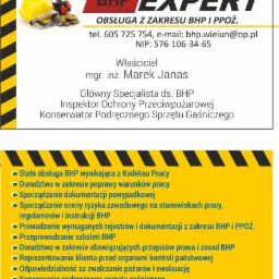 Wizytówka firmy BHP Expert z Wielunia, oferującej obsługę z zakresu oraz szkoleń. Na grafice widoczny kask ochronny, słuchawki i okulary ochronne.