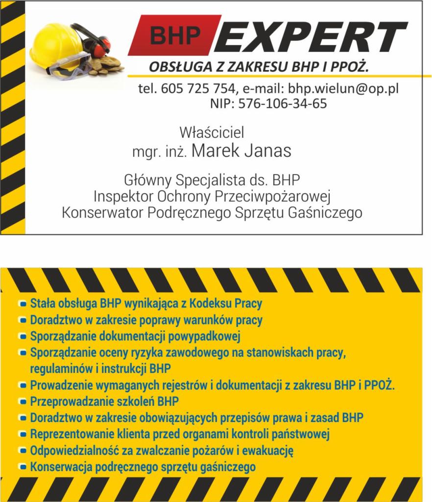 Wizytówka firmy BHP Expert z Wielunia, oferującej obsługę z zakresu oraz szkoleń. Na grafice widoczny kask ochronny, słuchawki i okulary ochronne.