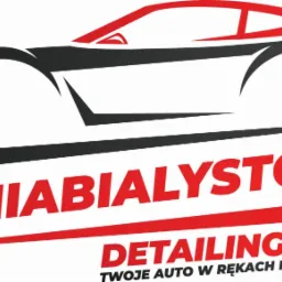 Logo firmy detailingowej z Białegostoku, przedstawiające stylizowany kontur samochodu w kolorach czerni i czerwieni, z nazwą firmy i hasłem 'Twoje auto w rękach profesjonalistów'.