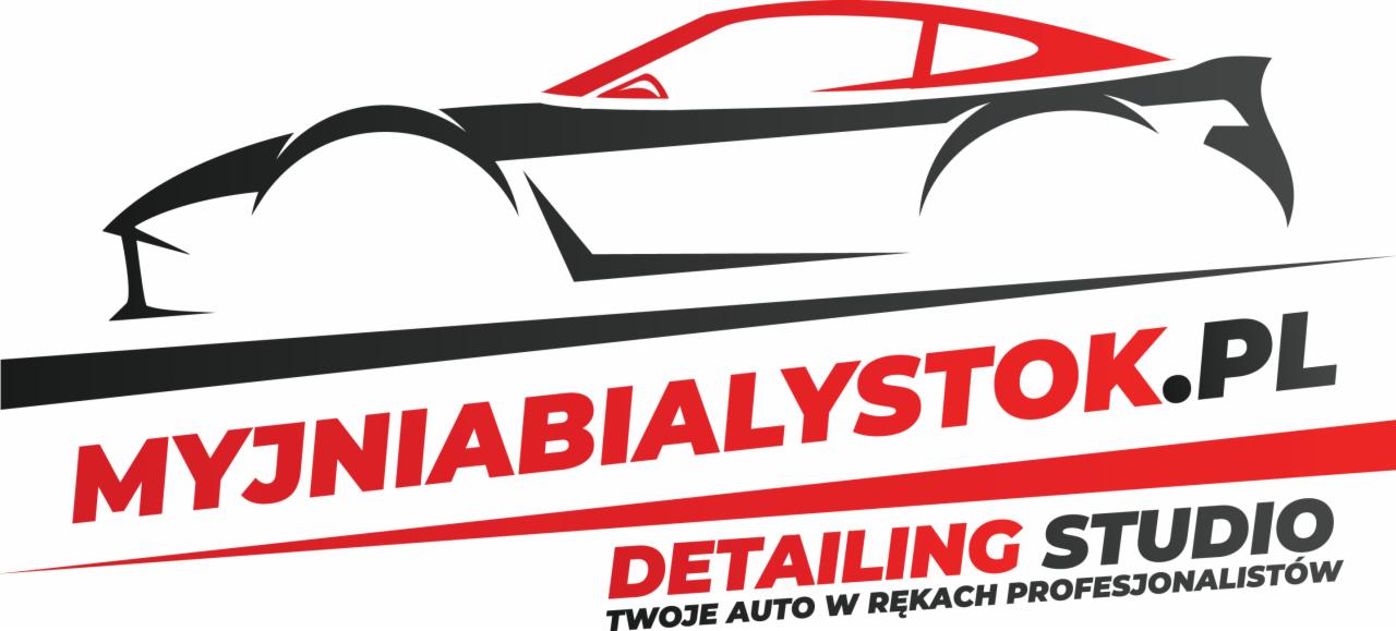 Logo firmy detailingowej z Białegostoku, przedstawiające stylizowany kontur samochodu w kolorach czerni i czerwieni, z nazwą firmy i hasłem 'Twoje auto w rękach profesjonalistów'.