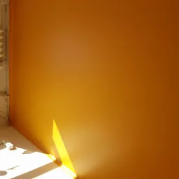 Świeżo pomalowany pokój w odcieniach pomarańczy, z widocznym kaloryferem i promieniami słońca padającymi na ścianę i podłogę, ukazującymi nierówności powierzchni.