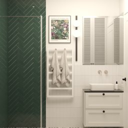 Stylowa łazienka, polaczenie elegancji i koloru natury. 
Biel | Zieleń | Czerń