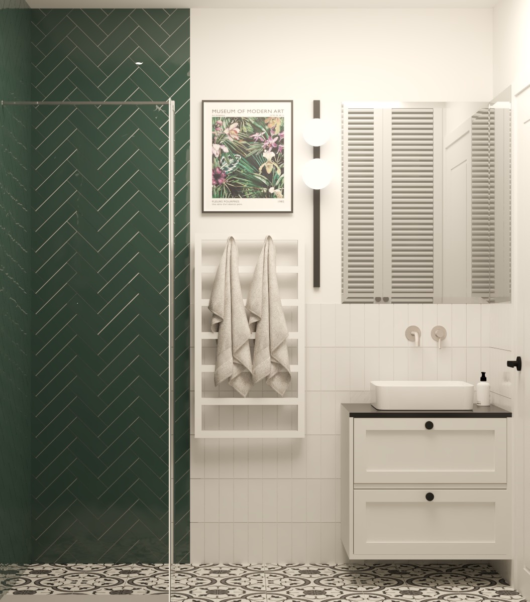Stylowa łazienka, polaczenie elegancji i koloru natury. Biel | Zieleń | Czerń