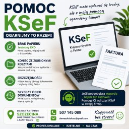 ŁUKASZ SIEMASZKO USŁUGI KSIĘGOWE - KSeF: Krajowy System e-Faktur na ekranie laptopa z fakturą. Oferta wdrożenia KSeF, korzyści: brak papieru, oszczędności, szybki obieg dokumentów. Kontakt.