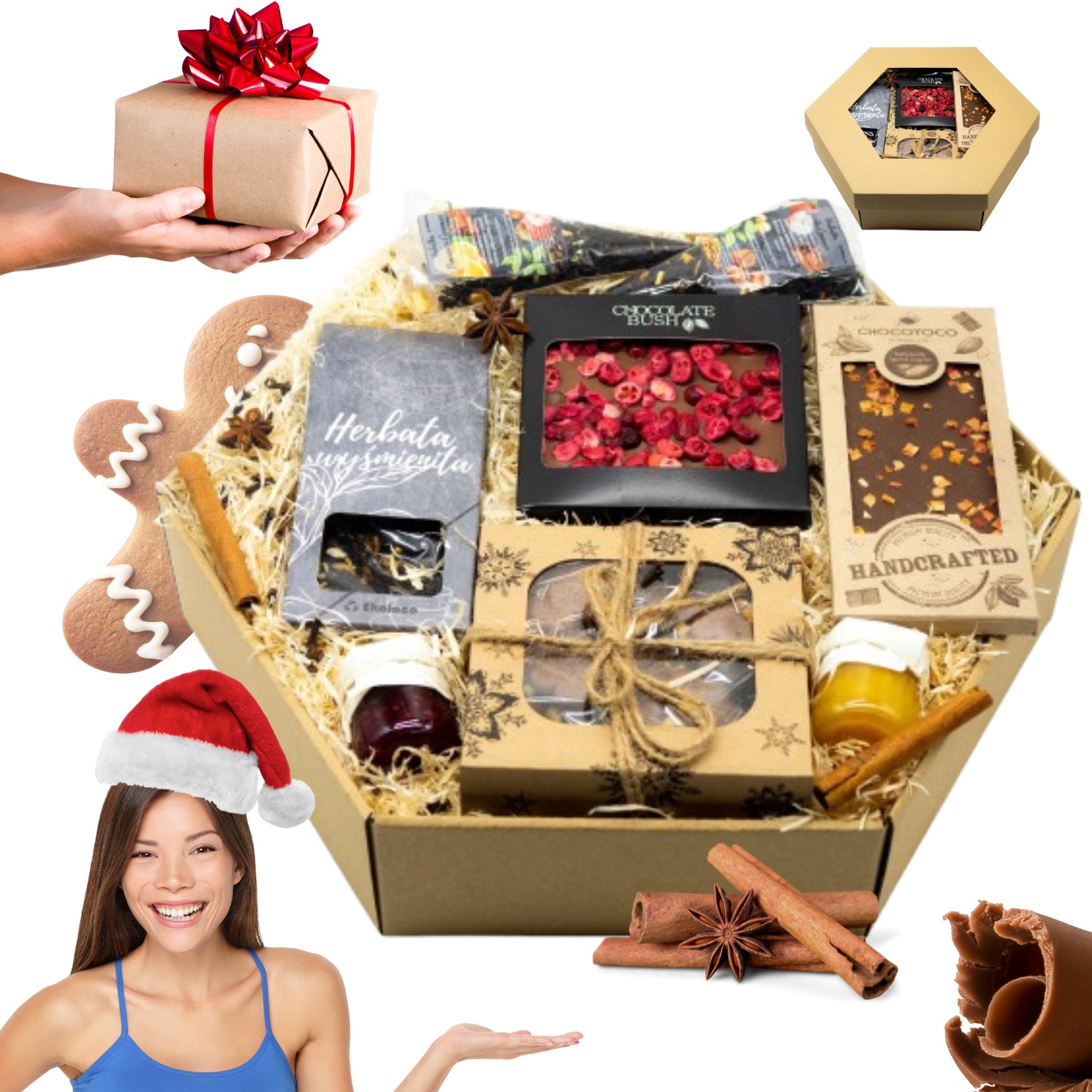 Świąteczny zestaw upominkowy w heksagonalnym pudełku z herbatą, miodem, czekoladą i przyprawami. Dodatkowo piernikowy ludzik i kobieta w czapce Mikołaja.