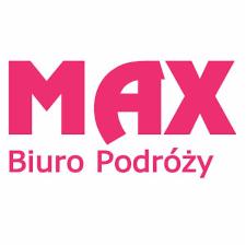 Różowe logo 'MAX Biuro Podróży' na białym tle.