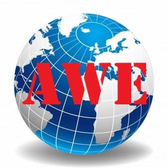 Grafika: Stylizowana kula ziemska z konturami kontynentów i nałożonym czerwonym skrótem 'AWE', sugerująca globalny zasięg działalności firmy.