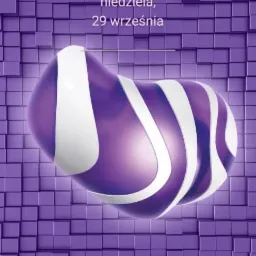 Ekran blokady smartfona z fioletowym tłem w kostki, godziną 21:03, datą 29 września oraz fioletowym logo z białymi paskami.