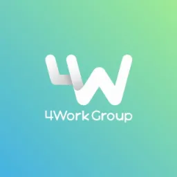 Logo 4Work Group na tle gradientu od zieleni do błękitu. Biały symbol łączący cyfrę 4 i literę W.