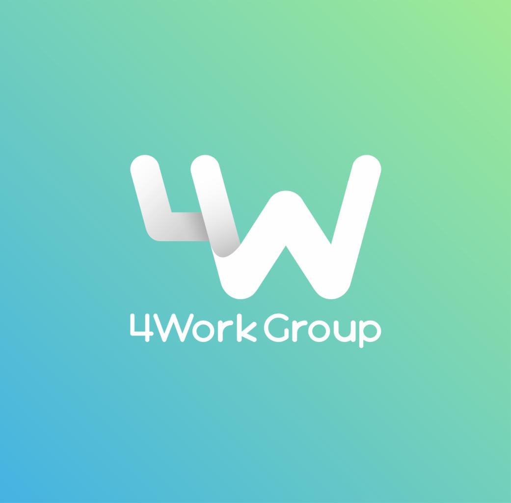 Logo '4Work Group' w bieli na gradientowym tle, od błękitu do zieleni. Nowoczesny design z abstrakcyjnym symbolem 'W' i nazwą firmy poniżej.