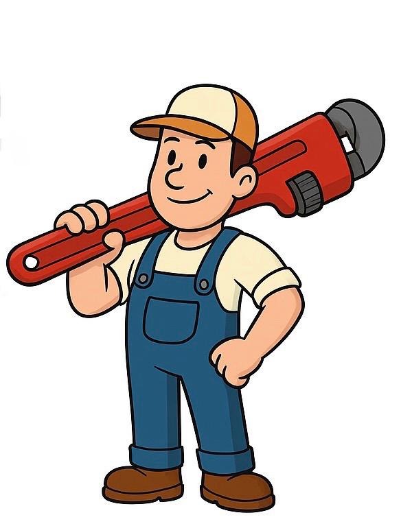 Karykatura hydraulika w niebieskim kombinezonie i czapce, z dużym czerwonym kluczem nastawnym na ramieniu, uśmiechnięty, na białym tle.