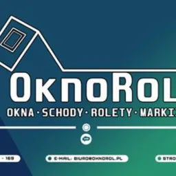 Grafika z logo firmy Oknorol, oferującej okna, schody, rolety i markizy. Kontakt: telefon, e-mail, strona internetowa. Turkusowo-granatowe tło z geometrycznym wzorem.