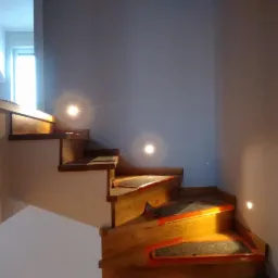 Drewniane schody z podświetleniem LED wbudowanym w ścianę i stopnie, zabezpieczone folią ochronną podczas remontu.