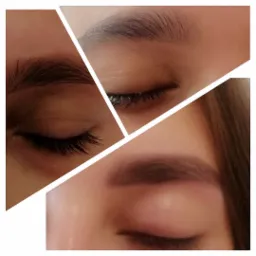 Montaż trzech zbliżeń na oko: naturalne brwi przed zabiegiem, brwi po regulacji i brwi po barwieniu henną.