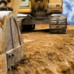 Żółta koparka z łyżką w wykopie obok ułożonej rury kanalizacyjnej z betonu, widok z dołu na tle błękitnego nieba z chmurami.