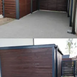 Zadaszona wiata garażowa z drewnianymi panelami w kolorze ciemnego brązu i szarą metalową konstrukcją, widok z zewnątrz i od wewnątrz na wybrukowany podjazd.