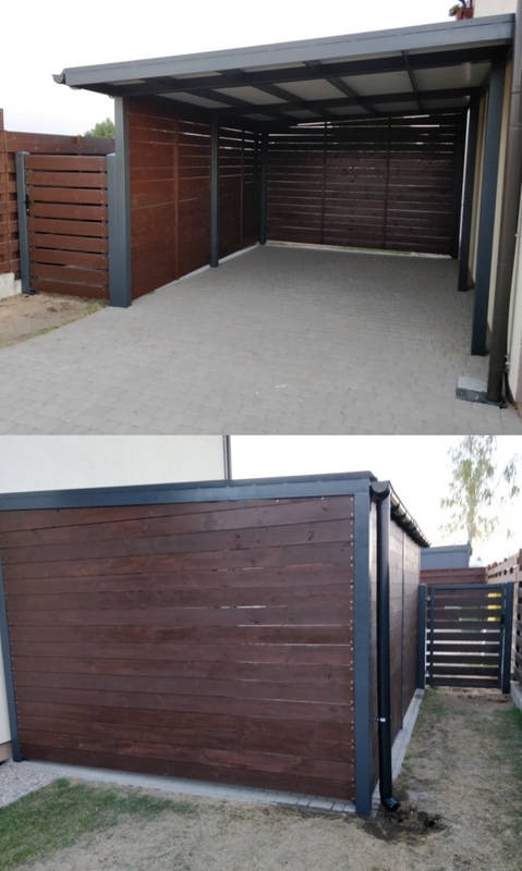 Zadaszona wiata garażowa z drewnianymi panelami w kolorze ciemnego brązu i szarą metalową konstrukcją, widok z zewnątrz i od wewnątrz na wybrukowany podjazd.