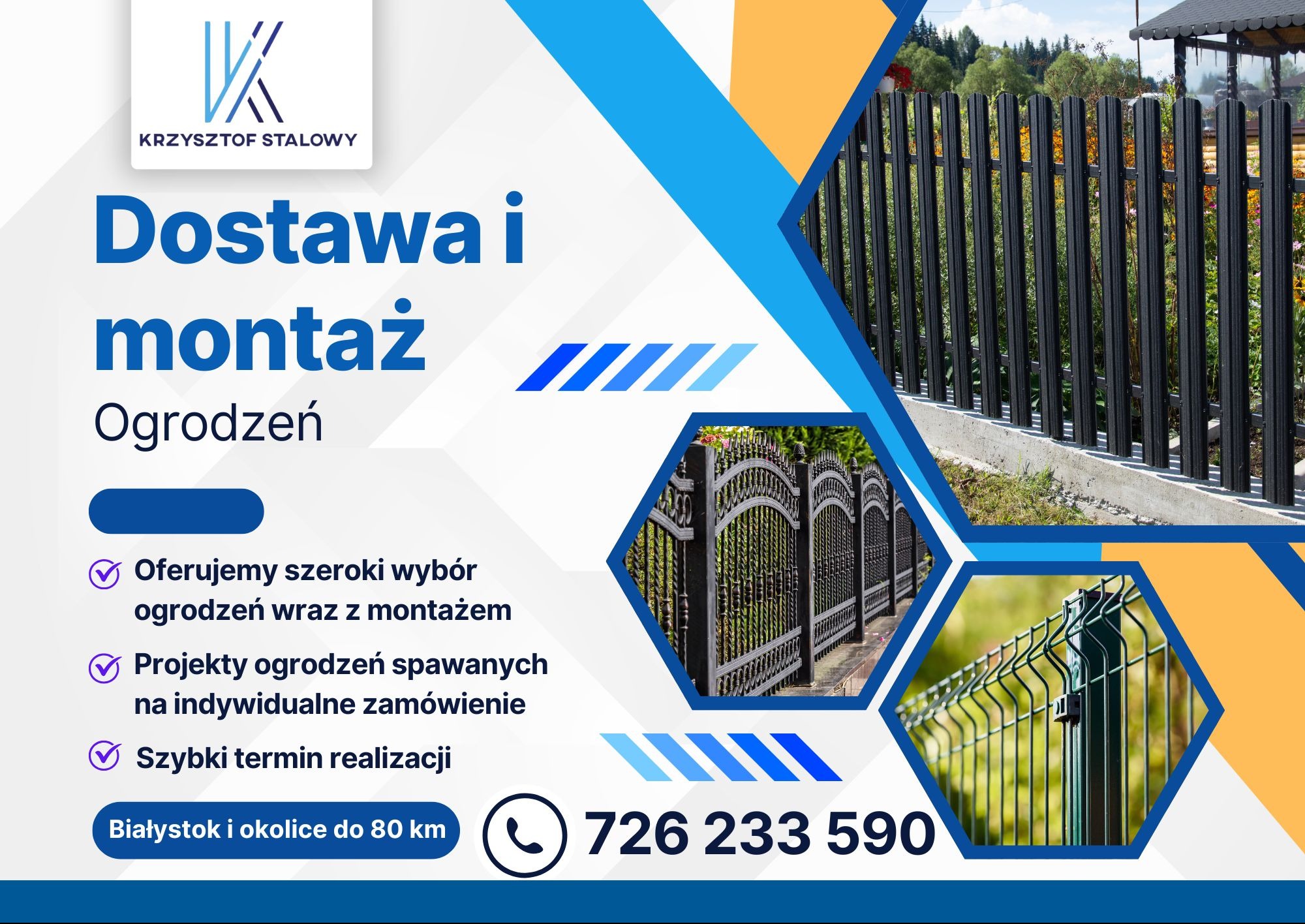 Oferta: dostawa i montaż ogrodzeń. Na kolażu ogrodzenia metalowe, panelowe i spawane. Szybki termin realizacji. Białystok i okolice do 80 km. Tel. 726 233 590.
