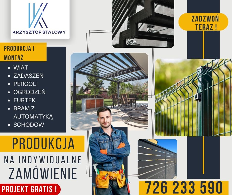 Kompozycja z pergolą, ogrodzeniem panelowym, schodami metalowymi i pracownikiem w stroju roboczym. Produkcja na indywidualne zamówienie, projekt gratis.