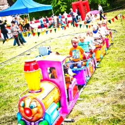 Kolorowy pociąg z wagonikami dla dzieci na trawie, w tle dmuchany zamek i namiot, jedno dziecko ma pomalowaną twarz.