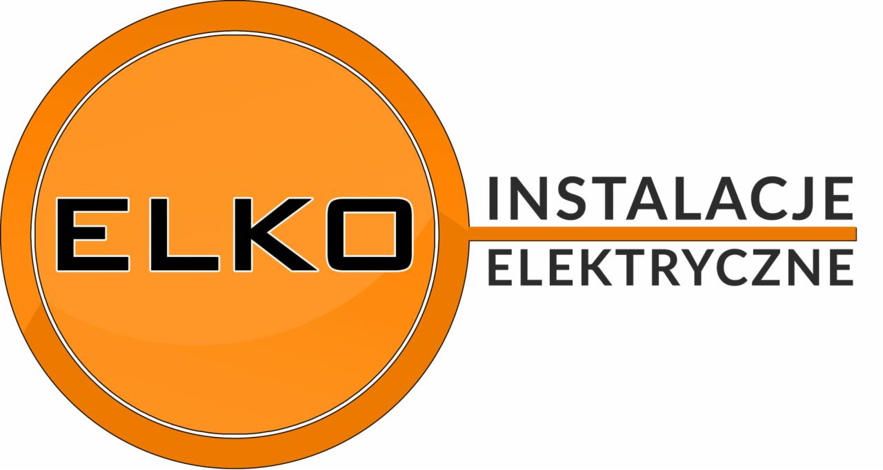 Pomarańczowe logo ELKO Instalacje Elektryczne z geometrycznym fontem i okrągłym obramowaniem.