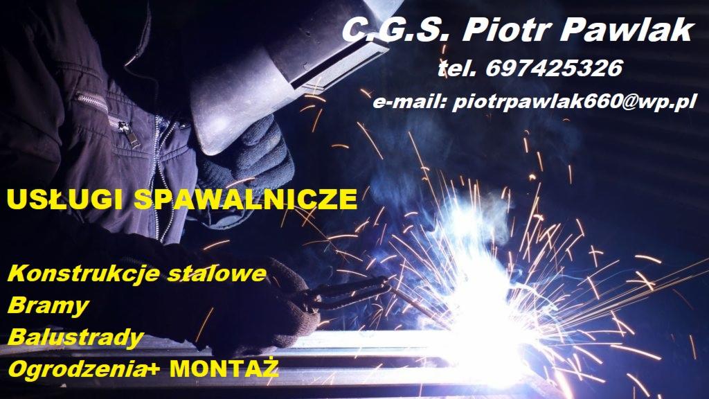 Spawacz w masce ochronnej podczas pracy z metalem, widoczne iskry i narzędzia spawalnicze, na zdjęciu widoczny tekst 'Usługi Spawalnicze, Konstrukcje stalowe, Bramy, Balustrady, Ogrodzenia+ Montaż'...