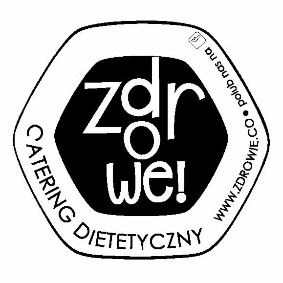 Logo firmy cateringowej w kształcie sześciokąta z napisem 'Zdrowe!' wewnątrz, otoczone tekstem 'Catering Dietetyczny' i adresem strony internetowej.