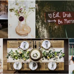 Kolaż z detalami dekoracji ślubnych w stylu rustykalnym: tort bez lukru z różowymi kwiatami, drewniany stół z nakryciem i zielonymi dekoracjami, bukiet lawendy na drewnianej balustradzie...