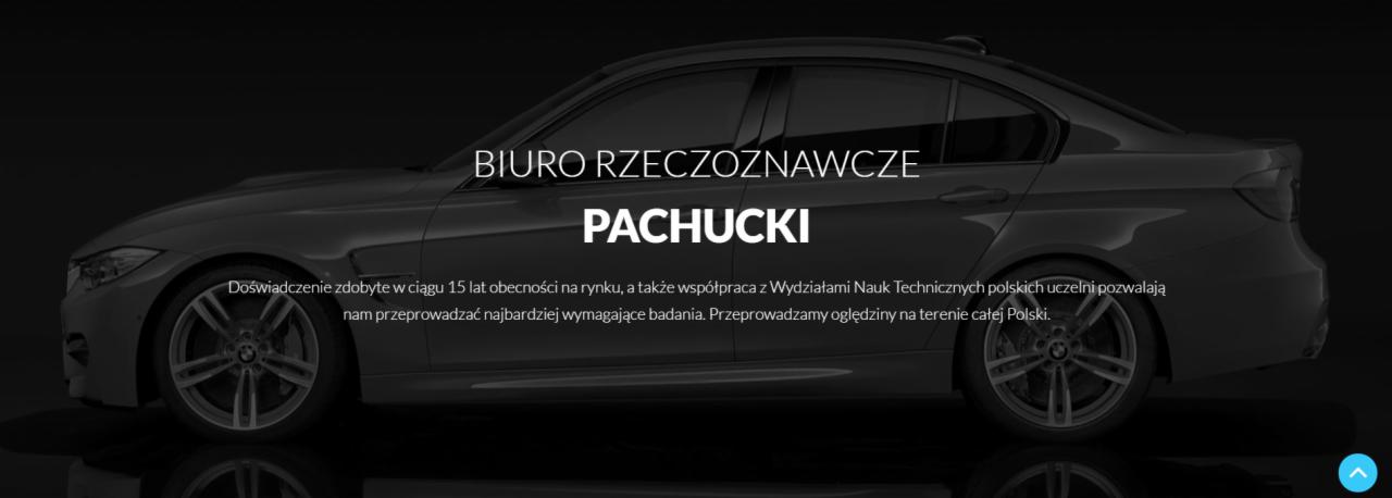 Czarno-białe zdjęcie profilowe samochodu z napisem 'BIURO RZECZOZNAWCZE PACHUCKI' i tekstem o doświadczeniu firmy.