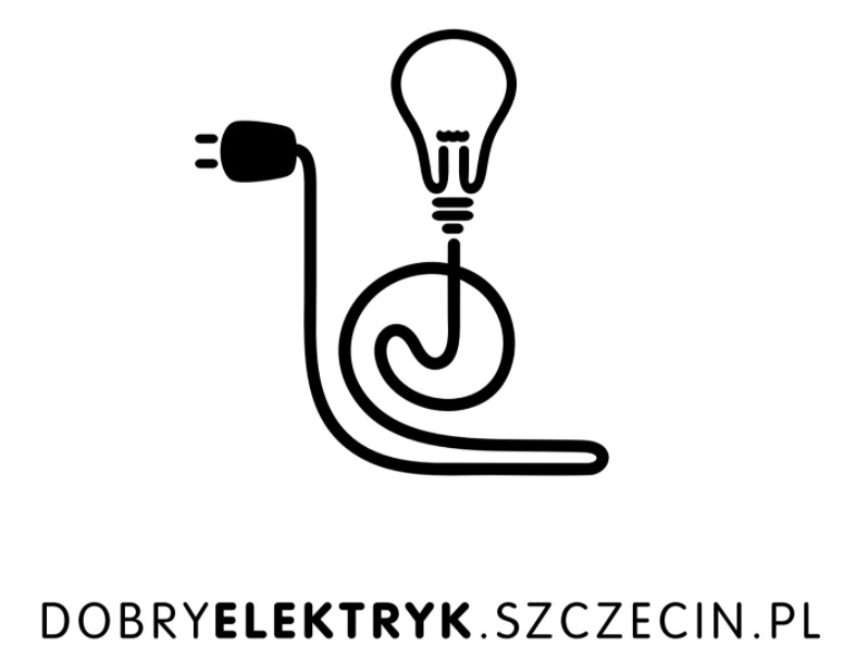 Czarno-białe logo elektryka z wtyczką, kablem ułożonym w spiralę i żarówką, zakończone adresem strony internetowej dobryelektryk.szczecin.pl.